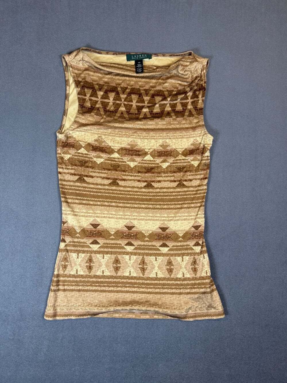 Lauren Ralph Lauren Silk Wool Top XS Southwestern Aztec Sleeveless Brown
